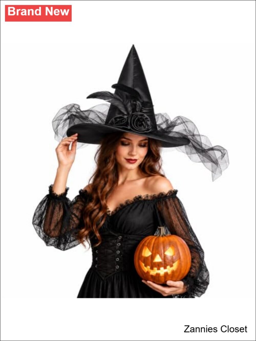 👻 Witch Hat for Women Cosplay Costume Accessory with Tulle Rose Feathers